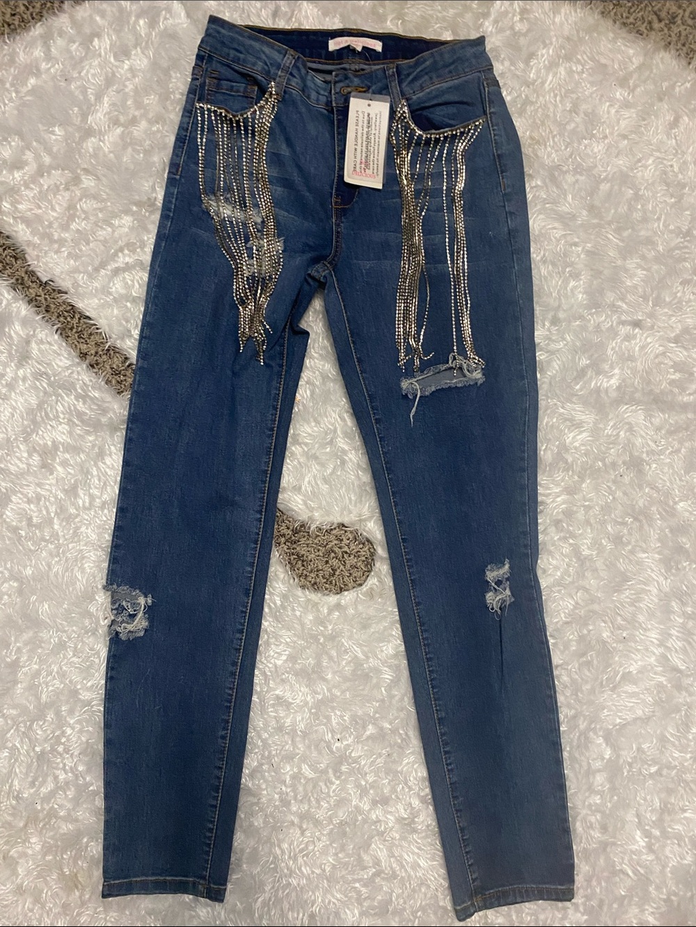 Hot & Delicious Blue Skinny Jeans with Silver Rhinestone Fringe